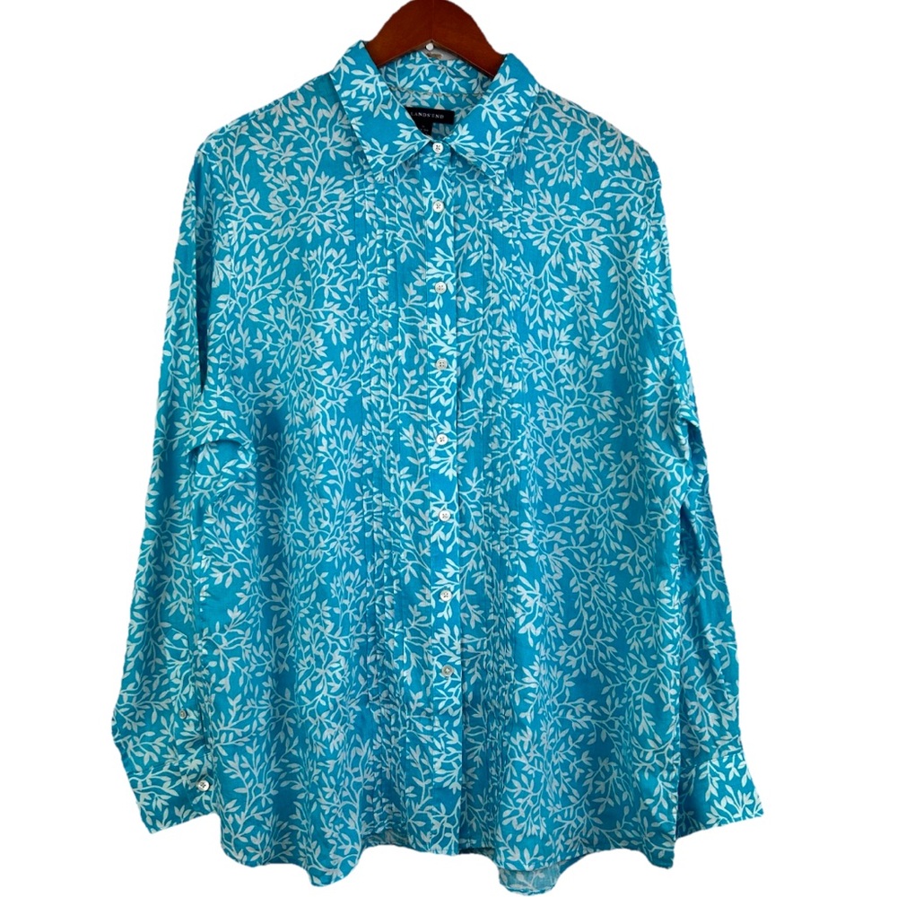 Land’End 100% linen long sleeve button down shirt size 1X  leaf print pintuck